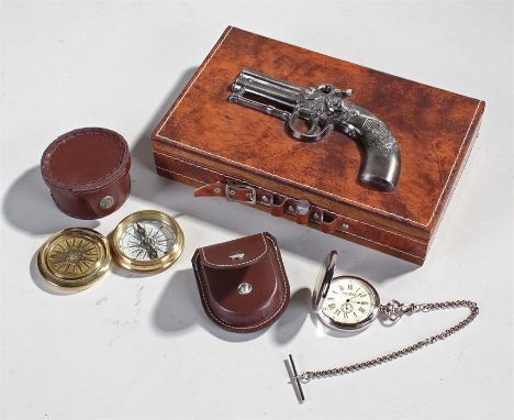 A pocket watch and compass along with a faux leather case (3)