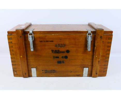 Ammunition Box - A wooden storage chest with metal and wooden handles (measuring 62 x 22 x 33cm) Item appears in good conditi