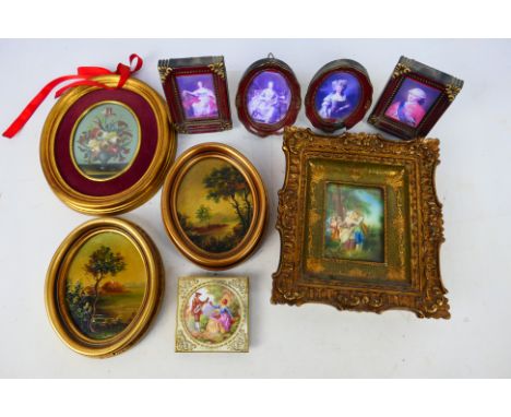 A collection of framed miniature pictures to include portraits, still life and landscape scenes, largest approximately 11 cm 