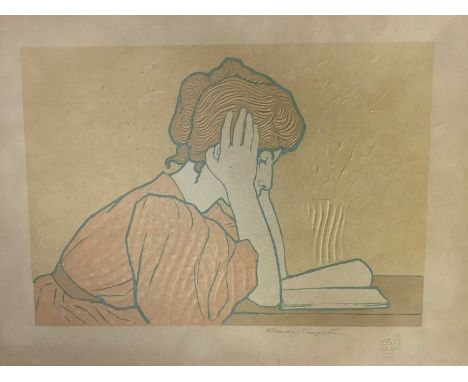 Alexander-Louis-Marie Charpentier, 1856-1909. Art Nouveau studio embossed lithograph, 1896, “Young Woman Reading”. Signed in 