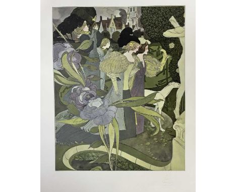 Georges De Feure, 1868-1943. Art Nouveau studio lithograph, “Les Jardins D’Armide”. Embossed studio mark “The Studio” lower r