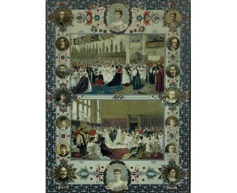 Queen Victoria, 1837-1901, pair of coloured and gilt lithographs, The Silver Jubilee 1887, 38cm x28cm, in glazed frames