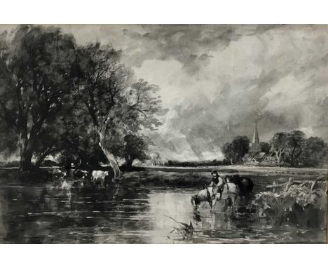 Monochrome watercolour after John Constable of figure and cattle at a ford, 51.5cm x 35.5cm, mounted in gilt frame, 69cm x 54