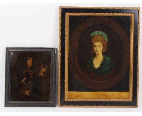 Two Georgian style reverse prints on glass, the first a portrait after Joshua Reynolds, in 19th century gilt frame with Colna
