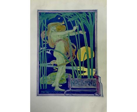 Herbert Granville Fell, 1872-1958. Art Nouveau studio lithograph, “Noctvrne”. Embossed studio mark “The Studio London” lower 