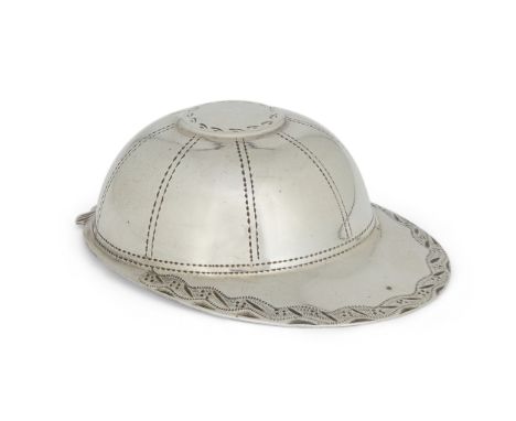 A George IV silver jockey cap caddy spoon, Birmingham, 1823, Joseph Taylor, designed with simulated stitching detail and brig