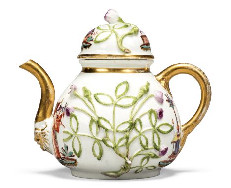 A Meissen porcelain Hausmalerei teapot and cover, c.1730, blue crossed swords mark, Drehers / mark, the decoration later, gil
