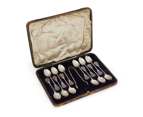 A set of 12 silver teaspoons with sugar nips, retailed by Barber &amp; Smith, Cornhill, hallmarked Sheffield, 1896, Harrison 