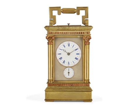 A French gilt-brass repeating carriage clock, late 19th century, the architectural case with corner Corinthian columns on pli