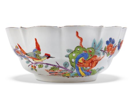 A Meissen Kakiemon porcelain shaped circular bowl, c.1740, blue crossed swords mark, Pressnummer 24, of ogival pentafoil sect