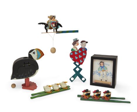 Ron Fuller, 1936-2017, Laying Puffin, 1991, wood, spring, inscribed beneath wings Ron Fuller Autoymation and Made in England,