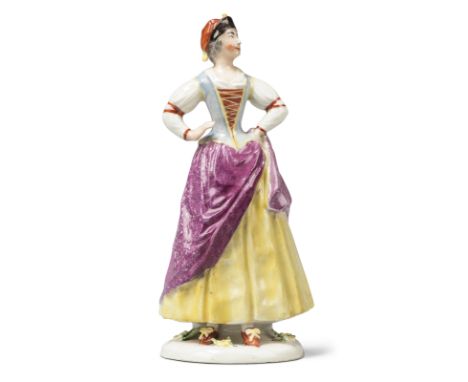 A Fürstenberg porcelain figure of Ragonda from the Commedia dellArte series, 1754, incised W and z (?) mark, purple W mark, m