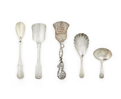 A George III bright-cut engraved silver caddy spoon by George Burrows, 1797, approx. 0.2oz, together with three various silve