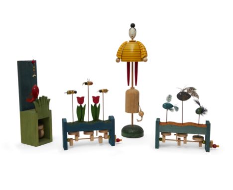 Ian McKay, Pearl, a hand-operated automaton, plain and painted wood, wire, string, titled Pearl, signed and dated Ian McKay 1