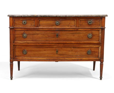 A French mahogany commode, second quarter 19th century, the grey marble top above three short and two long drawers, raised on