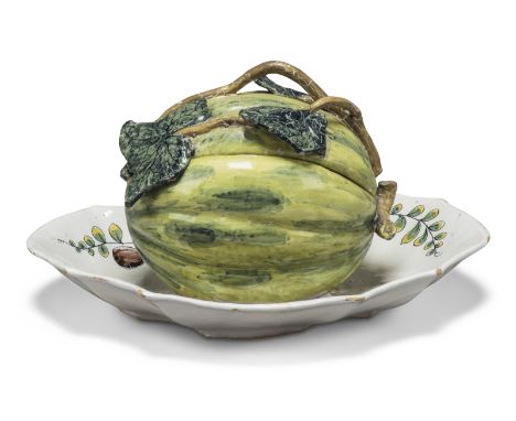 A Göggingen fayence melon tureen and cover with fixed stand, third quarter 18th century, manganese gögging. mark, painted in 