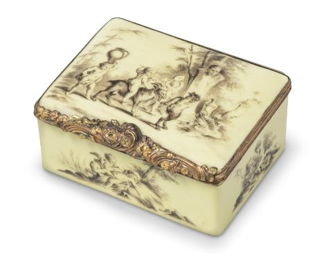 A Continental porcelain gilt-metal-mounted yellow-ground rectangular snuff box and cover, probably c.1770, the exterior paint