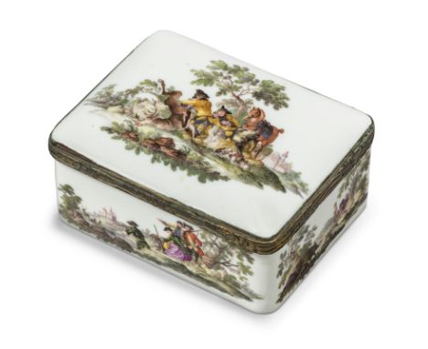 A Meissen porcelain silver-gilt mounted rectangular snuff-box and cover, c.1755-65, probably painted by Christian Friedrich K