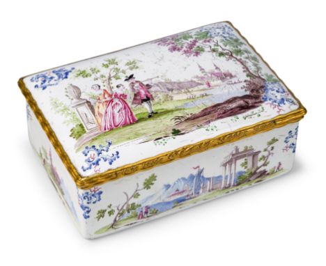 A Continental gilt-brass mounted enamel tobacco-box and tamper, second half 18th century, the domed cover painted with a gall