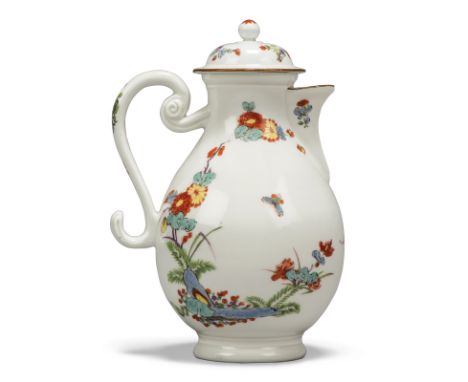 A Meissen porcelain Kakiemon baluster coffee-pot and cover, c.1735, blue crossed swords mark, Drehers incised X mark, with an