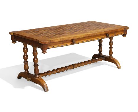 A French walnut low table, last quarter 19th century, the parquetry inlaid top above single drawer, raised on turned supports