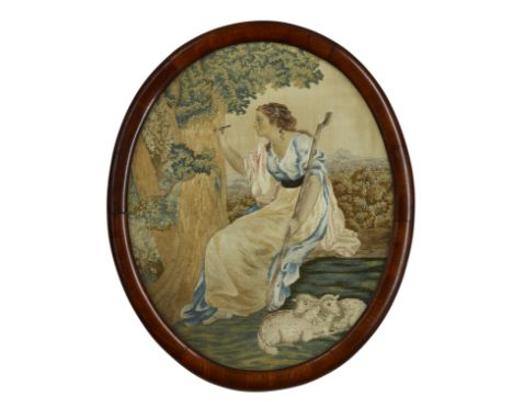 Four Regency silk work pictures, early 19th century, comprising: an oval panel of a Shepherdess carving TANCRED into a tree w
