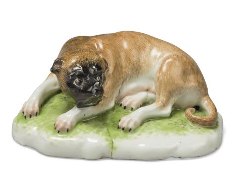 A Strasbourg or Frankenthal porcelain model of a pug-dog, c.1755, incised P·H mark and foliate flourish mark, probably modell