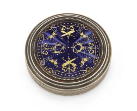 An early 20th century French enamelled box by Auguste Guyot, Paris, 1903-1913, of circular form, the blue enamelled lid appli