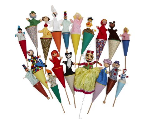 A quantity of cone puppets, late 20th century, to include: Harlequin Cone Puppet by Trullala Spielwaren, Lübeck, Germany, woo