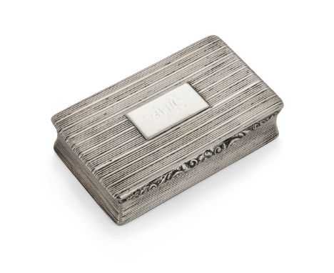 A William IV silver snuff box, Birmingham, 1832, William Pugh, of rectangular form, with striated patterns to lid, sides and 