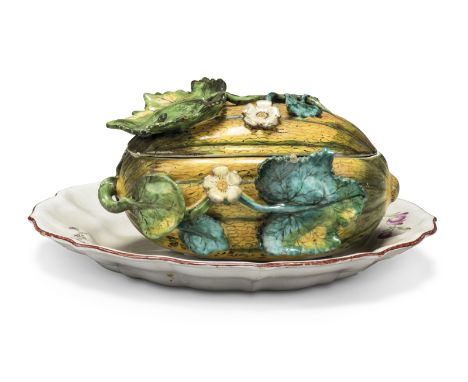 A German fayence melon-tureen and cover with fixed stand, probably Höchst, mid-18th century, blue Z. marks to both pieces, na
