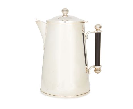 A contemporary Italian insulated jug, stamped 800, Florence, the tapering cylindrical body to painted wooden handle and hinge