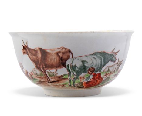 A Meissen porcelain Hausmalerei waste-bowl, the porcelain c.1740, blue crossed swords mark, Pressnummern 3 and 8, the decorat