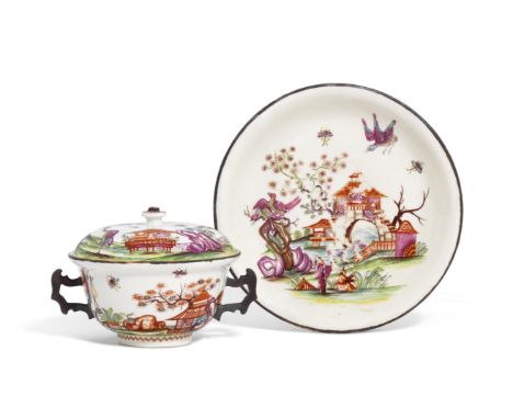 A Vienna (du Paquier) porcelain twin handled chinoiserie écuelle with cover and stand, c.1730, painted in a bright palette en