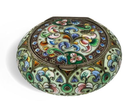 A Russian cloisonne enamel snuff box, Moscow, 1908-1926, 6th Artel, 84 standard, of circular form, the body and hinged lid de