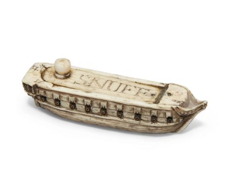 A French Napoleonic Prisoner-of-War bone snuff box, early 19th century, modelled as an 18 gun ship, the one piece hull inset 