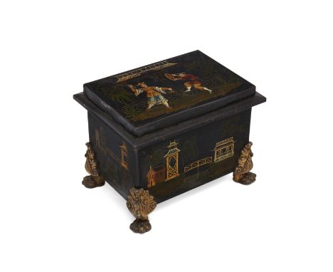 A Regency tole tea caddy, early 19th century, polychrome decorated with chinoiserie scenes depicting two entertainers by a pa