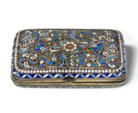 A Russian cloisonne enamel cigarette case, Moscow, c.1880, maker's mark Cyrillic KS, possibly Konstantin Skvortsov, 84 standa