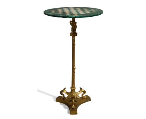 A Empire style ormolu and malachite chess table, 20th century, the base with griffin finial to Corinthian column support, mou