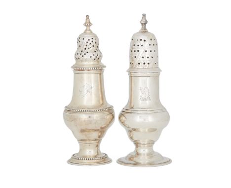 Two George III silver casters, one London, 1774, Thomas Shepherd, the other London, 1773, Thomas Daniell, both of small, balu