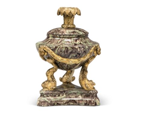 A German agateware brûle parfum, possibly Kassel, c.1780, the athenienne agate censer applied with gilt laurel festoons suspe