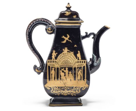 A German red stoneware black lacquer glazed baluster coffee pot and cover, probably 19th century, after the early Meissen Böt