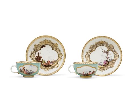 A pair of Meissen porcelain turquoise ground teacups and saucers, c.1742-45, blue crossed swords marks, gilders 36. marks, va