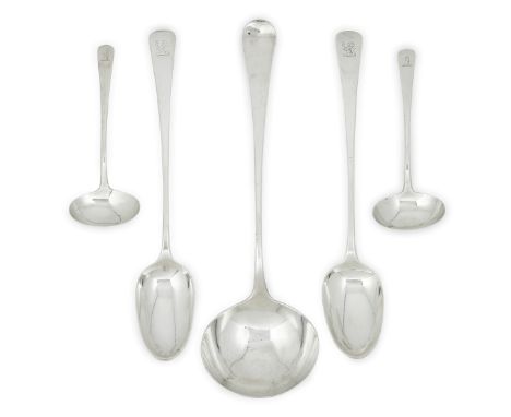 A pair of George III silver stuffing spoons, London, 1782, Richard Crossley, Old English pattern with engraved crests to term