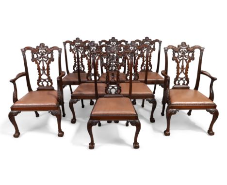 A set of eight George III style mahogany dining chairs, in the manner of Chippendale, late 20th century, to include two carve