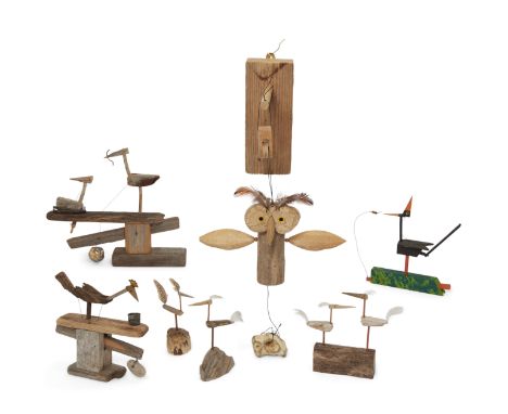 Robert Race, b. 1943, Worm Time, a hand-operated automaton, driftwood, metal mesh (rusty), wire, cotton, stone, signed and da