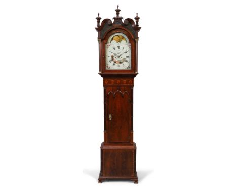 A George III inlaid mahogany longcase clock, late 18th century, the elaborate broken swan neck pediment with urn finials abov