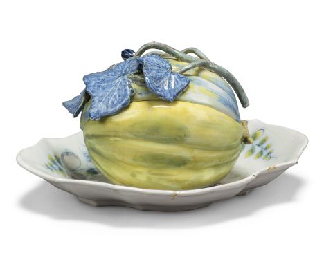 A Göggingen fayence melon tureen and cover with fixed stand, third quarter 18th century, manganese gögging. mark, painted in 