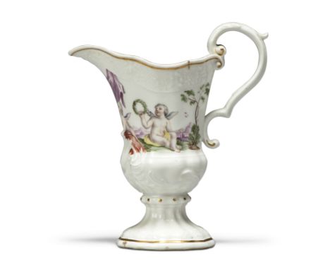 A Meissen porcelain Hausmalerei ewer, c.1745, blue crossed swords mark, the decoration c.1750, of helmet-shaped form with a d