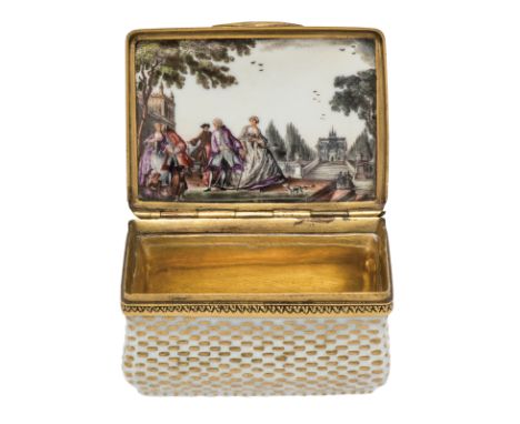 A Meissen porcelain gilt-metal mounted rectangular snuff-box and cover, c.1740, the mount later, of bombé form, the ozier-mou